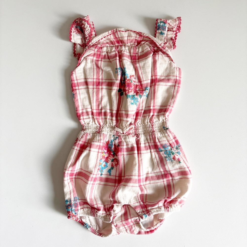 Ralph Lauren Baby Girls Pink Plaid Floral Cottagecore Bubble Romper Size 9M